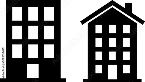 Simple black and white illustration of two house buildings side by side