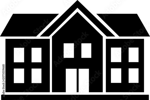 Simple iconic house with gable roof and multiple windows