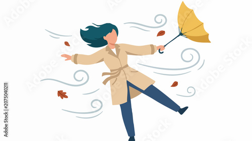 Photos Strong wind blowing woman with inverted umbrella and autumn leaves