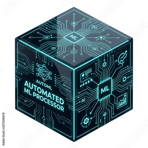 Isometric cube representing artificial intelligence and machine learning with automated processor details