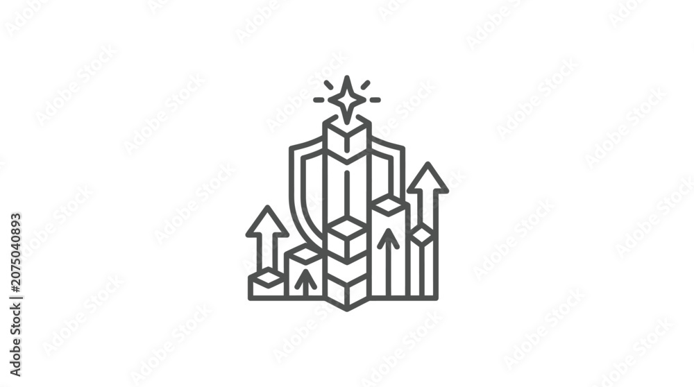 Obraz premium Shield icon with upward growth arrows and financial bar charts.