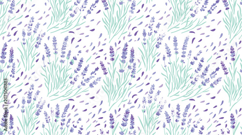 Seamless Lavender Floral Pattern with Purple Blooms and Scattered Petals on White Background for Textile and Surface Designs