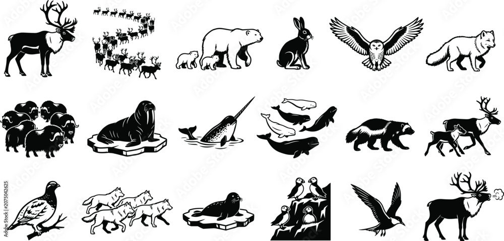Fototapeta premium Arctic animals silhouettes set with reindeer polar bear walrus musk ox puffin arctic fox narwhal wolf and snowy owl vectors for winter nature design