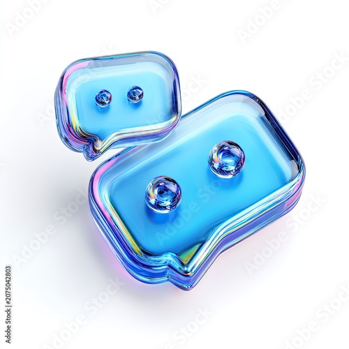 Abstract Blue Glass Chat Bubbles with Iridescent Edges.