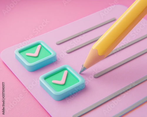 Checklist with Pencil and Checkmarks on Pink Background.