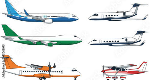 Bild auf Leinwand Commercial and private airplane types vector illustration set featuring business