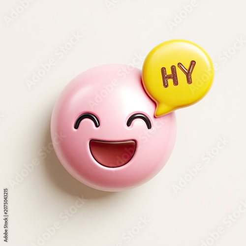 Cute Pink Emoji with HY Speech Bubble.