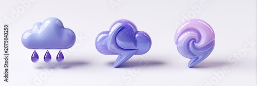 Three 3D rendered weather icons - rain cloud, speech bubble cloud, and swirling storm cloud.