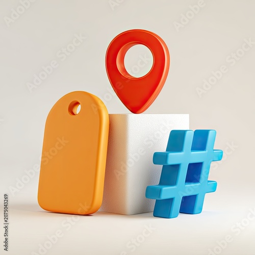 Location Tag and Hashtag Icons Representing Social Media and Marketing.