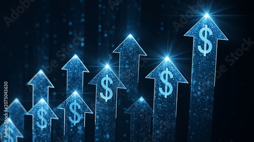Blue arrows show money and success going up.
