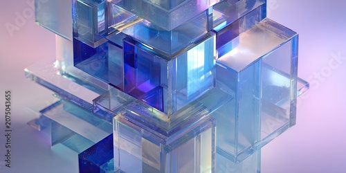 Abstract geometric composition of translucent blue and purple glass cubes and rectangles.