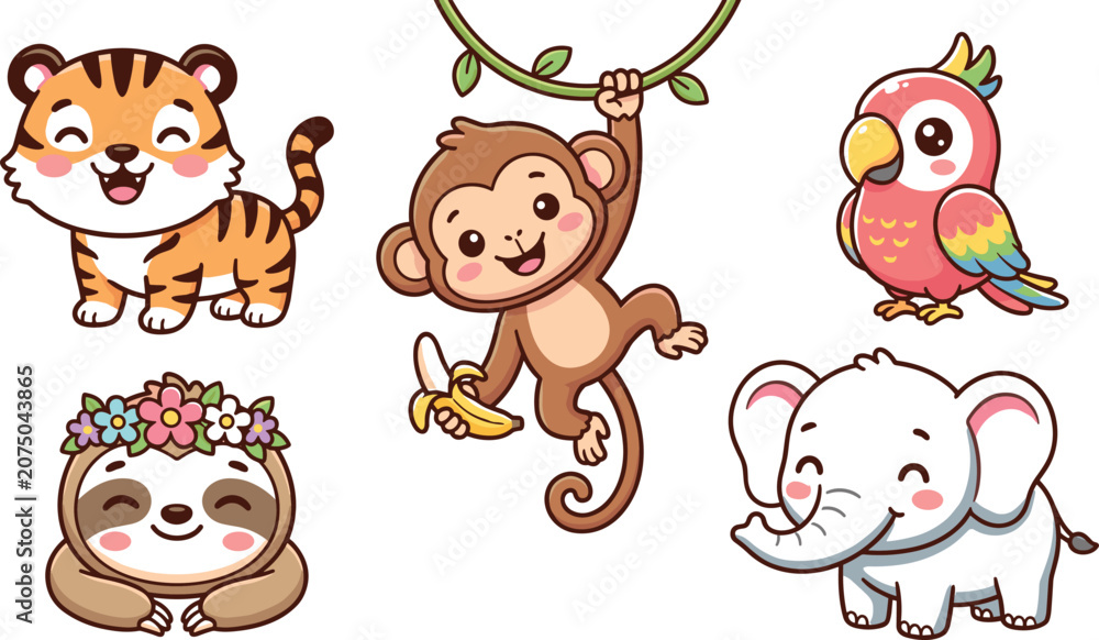 Fototapeta premium Cute cartoon jungle safari animal mascot character vector set featuring tiger, monkey, parrot, sloth, and elephant for children sticker sheet designs