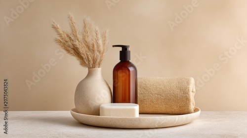 Minimalist Bathroom Decor with Natural Elements and Cozy Accessories for Self-Care and Relaxation in a Soft Neutral Palette