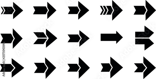 Set of black arrow icons in various directions and styles for navigation and design
