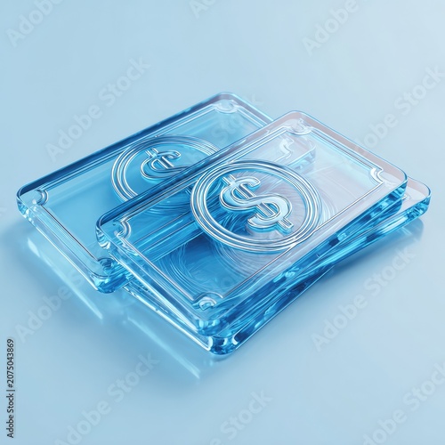 Transparent Blue Glass Money Stack With Dollar Sign.