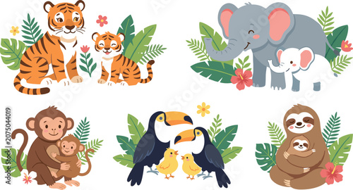 Photography Cute cartoon jungle animal parents and babies vector illustration set featuring