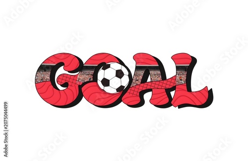 Soccer goal text red with football ball stadium ojnwhite background 