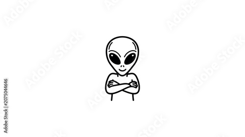Minimalist Line Art Illustration of a Humanoid Alien Character with Crossed Arms