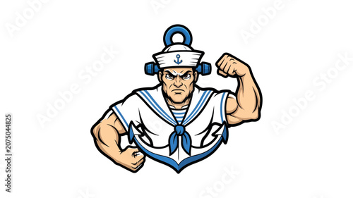 Aggressive Sailor Mascot Flexing Muscles with Nautical Anchor Emblem Logo Design