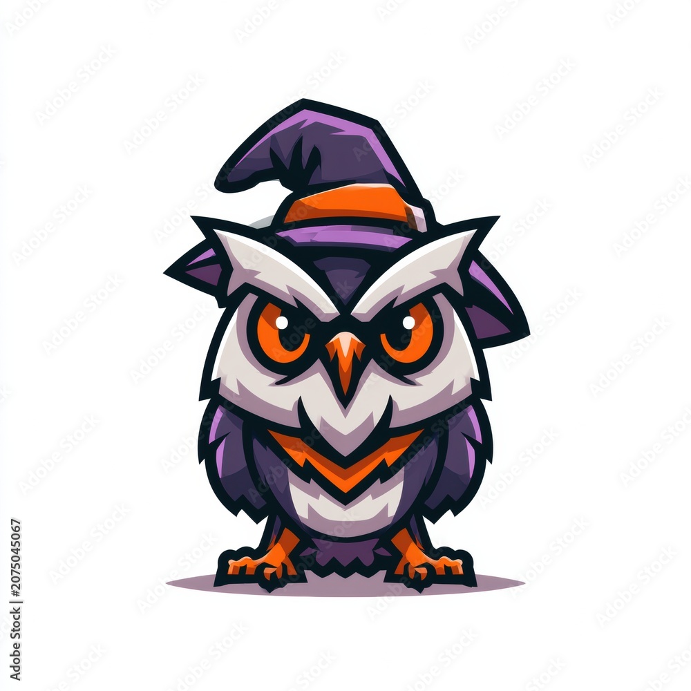 Fototapeta premium Owl with witch hat looks playful and spooky, perfect for Halloween greeting cards or decorations, showcasing Halloween spirit with vibrant colors