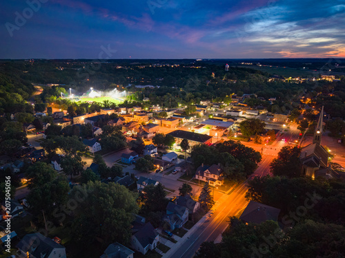 Aerial View of of Jordan Minnesota and the Mini Met Baseball Stadium in the Evening on Game Night