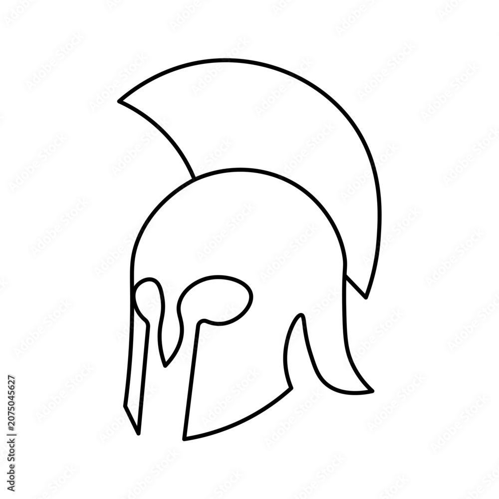 Fototapeta premium Simple line art drawing of an ancient Greek or Spartan warrior helmet with a prominent crest, depicted in profile.