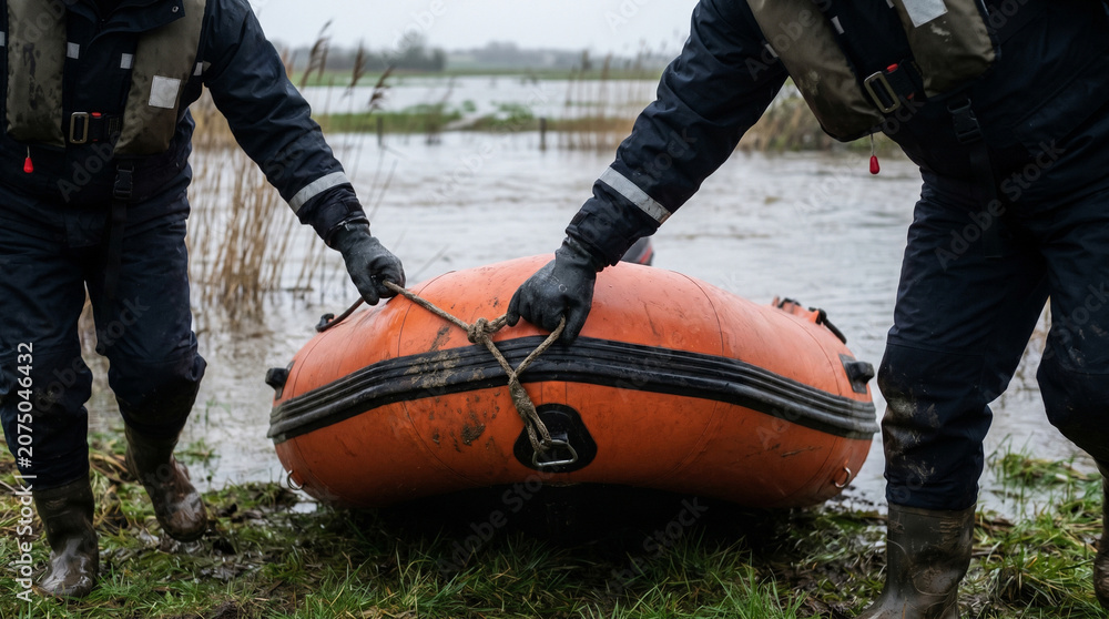 Obraz premium Close Detail of Rescue Boat Launch During Rural Flood Response