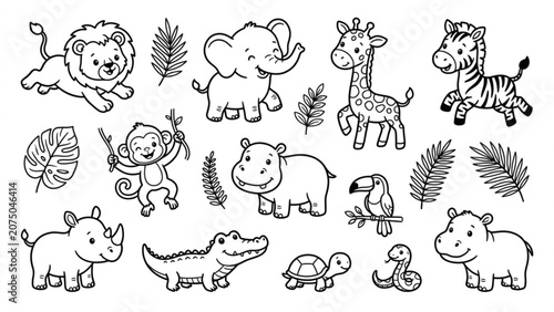 Photography Cute Baby Safari Animals Line Art Vector Illustration Set – Lion, Elephant, Gira