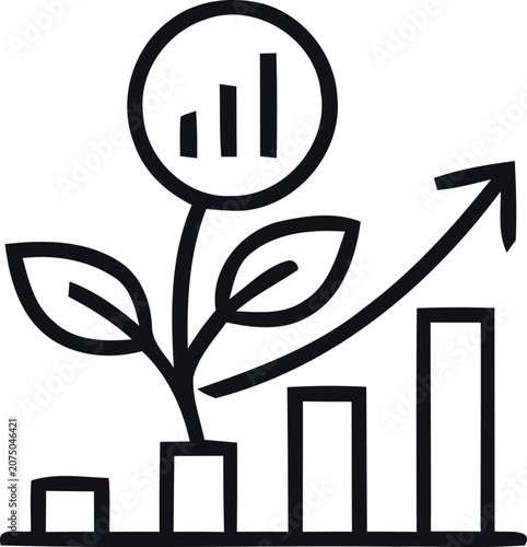 Financial growth concept with plant and chart icon black and white