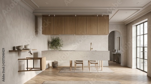 Upside Down Luxury Kitchen Interior With Inverted Island And Wall Stool