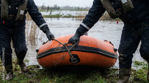 Close Detail of Rescue Boat Launch During Rural Flood Response