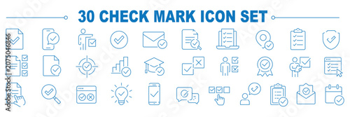 Checkmark icon set. Approval icons in line style. Editable web icons for agreement, vote, confirmation, choise, validation, completed tasks and verified status. Vector illustration.