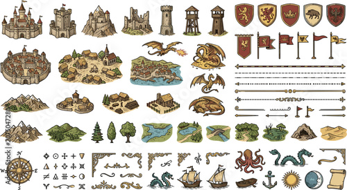 Quadro su tela Fantasy map icons bundle with medieval castles dragons shields and nautical elem