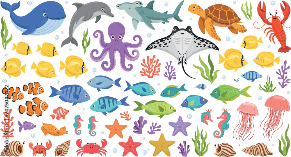 Fototapeta premium PrintCute Marine Animals and Sea Life Vector Illustration Set with Colorful Fish, Whale, Dolphin, Octopus, Turtle, and Coral Reef Elements for Children Designs