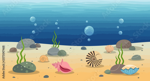 Ocean floor treasures - shells, rocks, and vibrant seaweed.