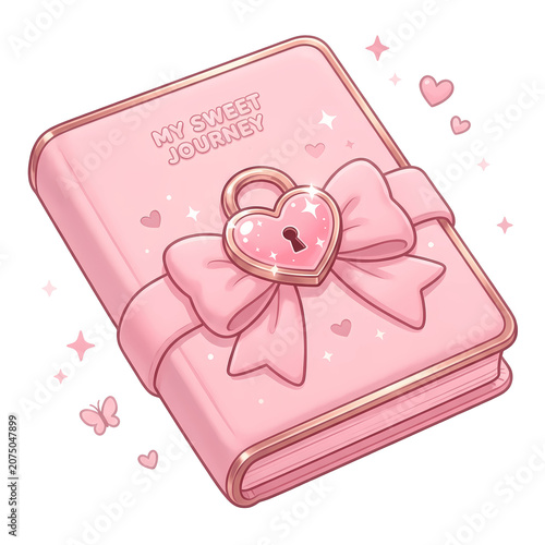 Journal with a heart lock that says My Sweet Journey sits on a surface surrounded by small hearts and butterflies in a simple setting