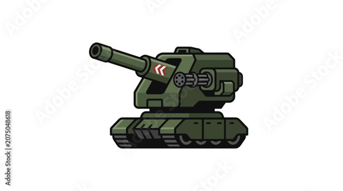 Heavy Military Battle Tank with Large Cannon and Machine Gun Vector Illustration
