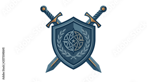 Medieval Heraldic Shield with Crossed Swords and Laurel Wreath Emblem Illustration