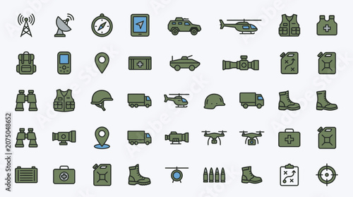 Military and Tactical Equipment Vector Icon Set for Army Operations and Survival Gear