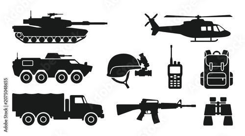 Military Equipment and Tactical Vehicle Silhouettes Vector Set