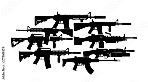 Collection of Modern Tactical Assault Rifles and Military Firearm Silhouettes