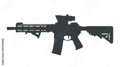 Black silhouette of a modern tactical assault rifle with scope isolated on white background