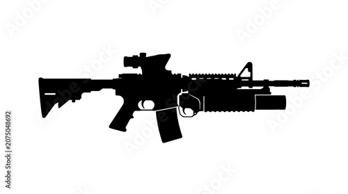 Black Silhouette of Modern Tactical Assault Rifle with Scope and Grenade Launcher