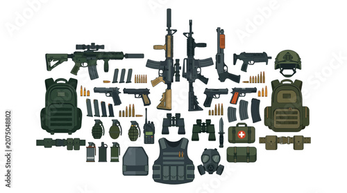 Comprehensive Tactical Military Gear Weapons and Combat Survival Equipment Vector Icons Set