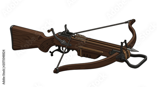 Detailed Medieval Wooden Crossbow Vector Illustration with Mechanical Parts