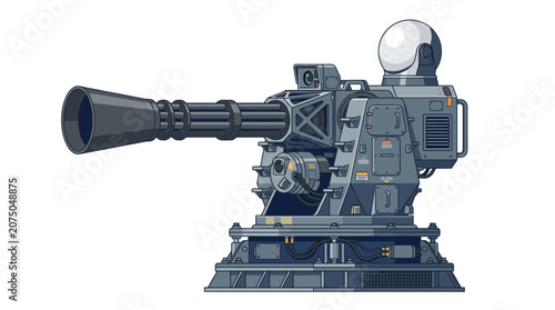 Futuristic automated naval defense turret with rotating multi barrel gun system