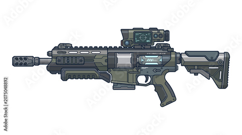 Futuristic Science Fiction Assault Rifle Vector Illustration with Advanced Digital Scope