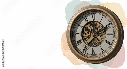 Vintage Pocket Watch Showing Time with Roman Numerals and Gears.