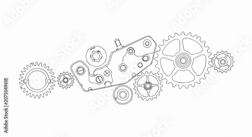 Intricate Mechanical Gears and Cogs Illustration on White Background.