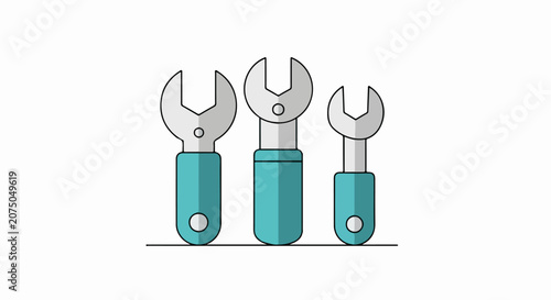 Three Vector Wrenches in a Row on White Background.